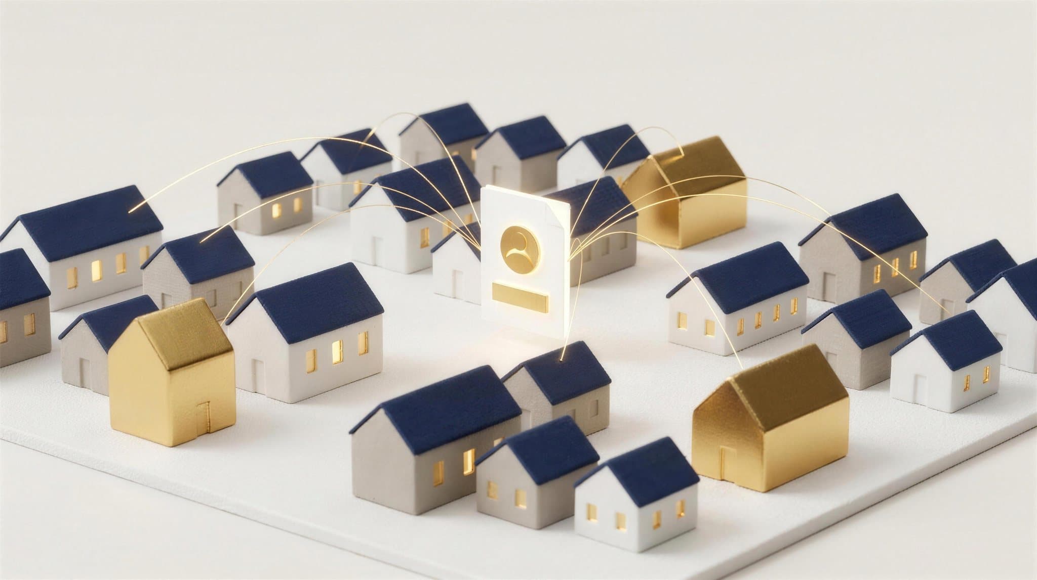Miniature houses joined by gold threads to one glowing page