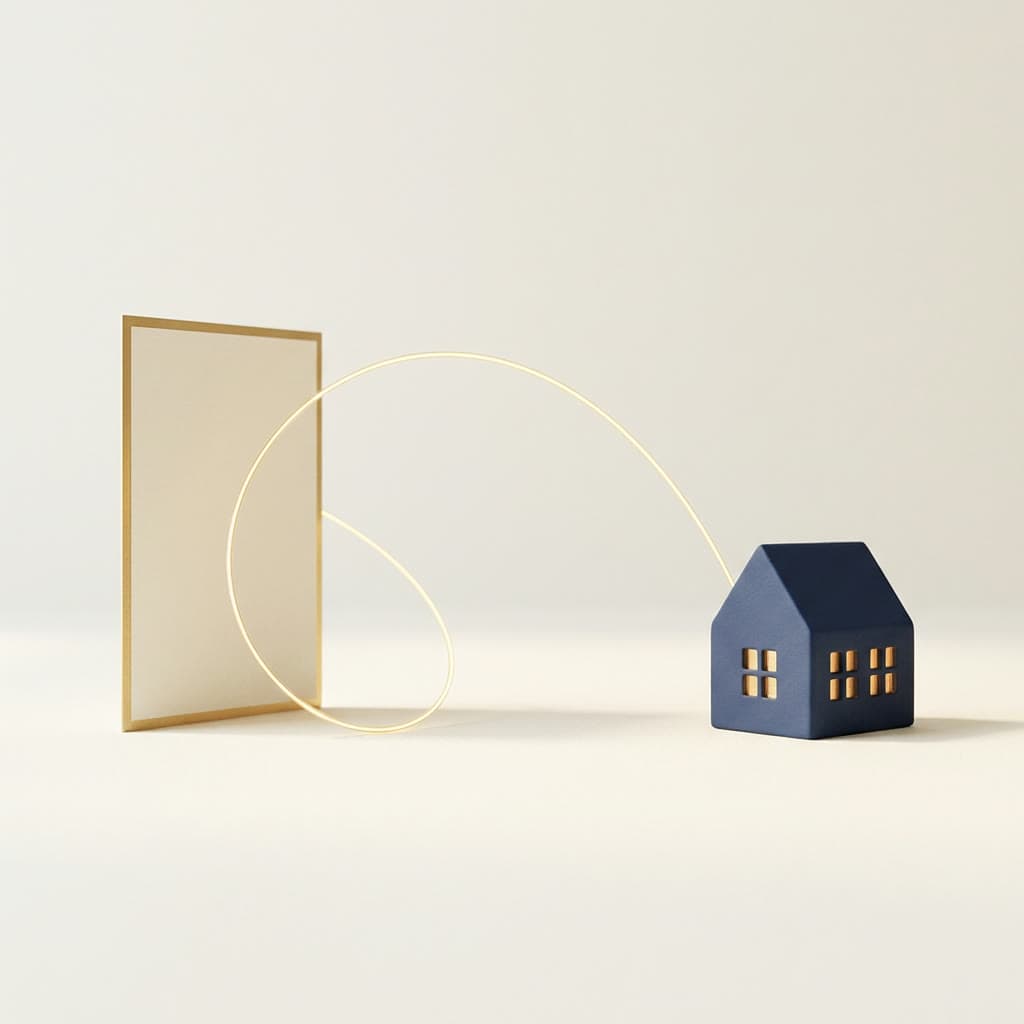 A gold thread arcing from a branded page to a home and looping back