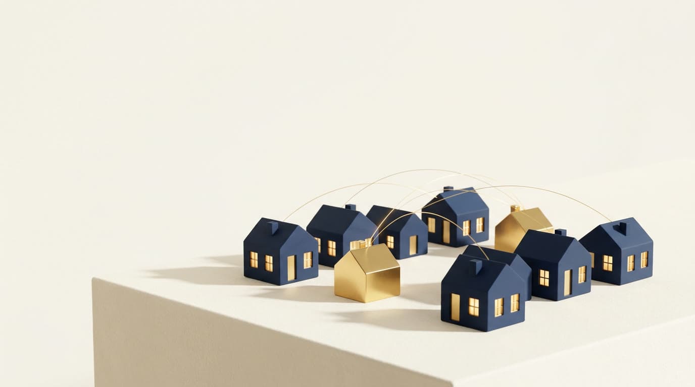 A miniature neighborhood of navy and gold homes connected by threads of light