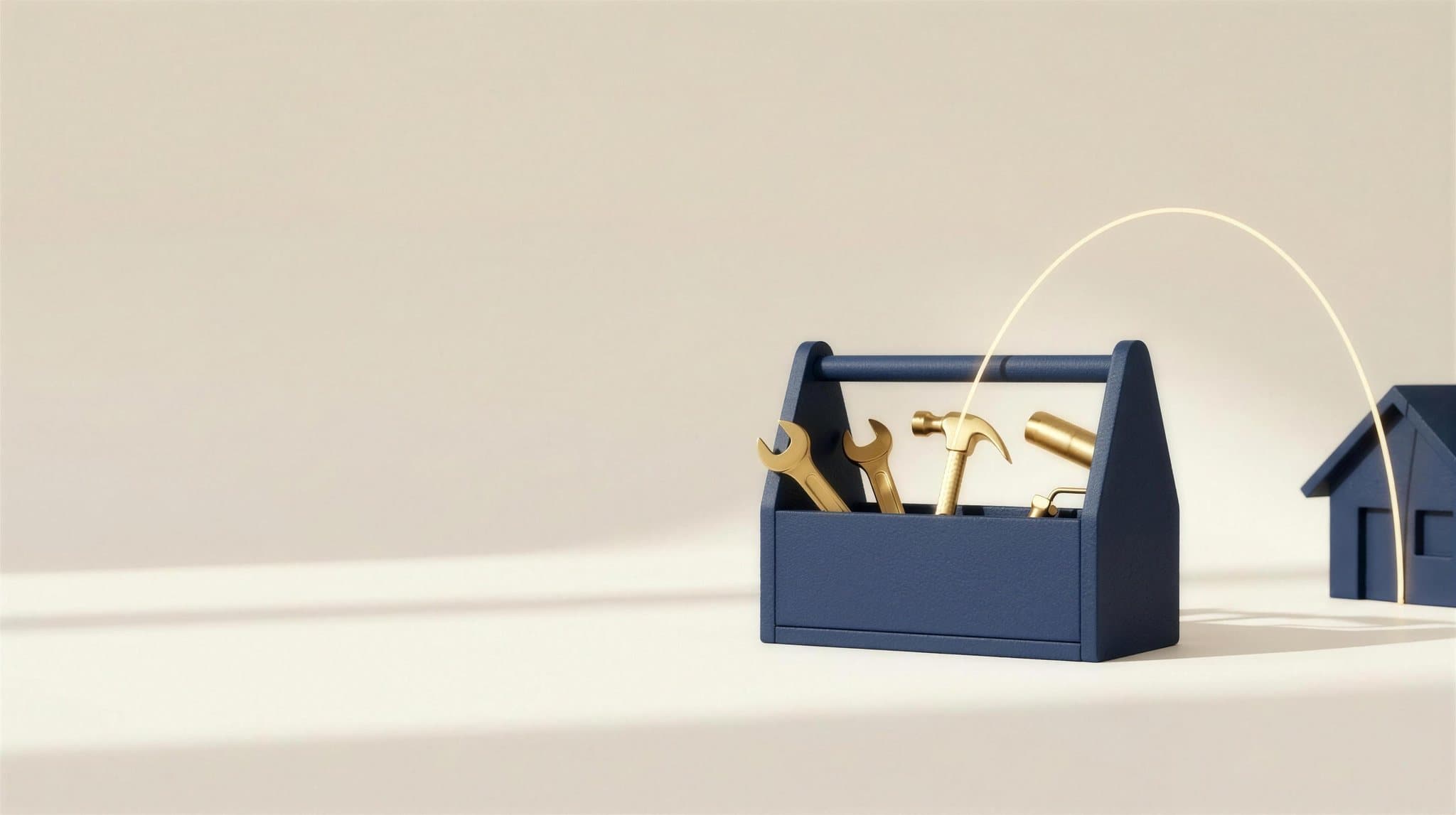 A navy and gold toolbox beside a small house