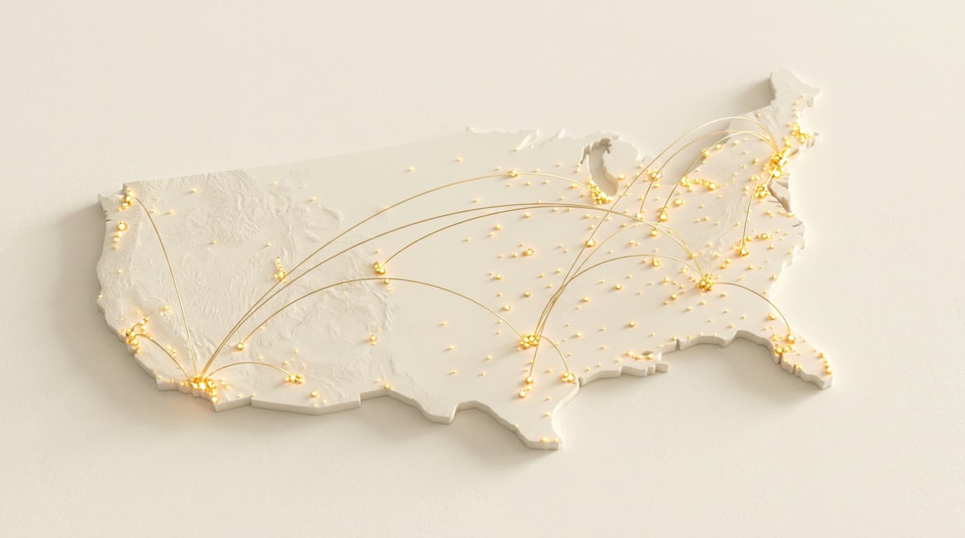 The continental United States in bone relief, lit with gold city lights